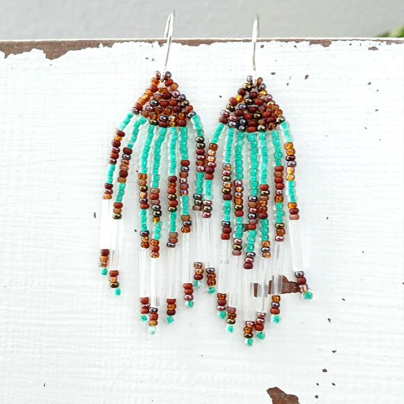 Small Beaded Fringe Cascade Shoulder Duster Dangle Earrings Mint Chocolate, 2.5" - Picture 3 of 5